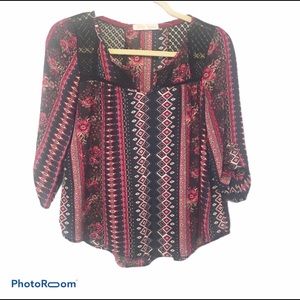 Rewind Maroon & Black 3/4 Sleeve Boho Top, Small